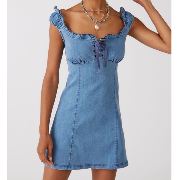 UO Nayda Denim Ruffle Mini Dress - Picture 2 of 5